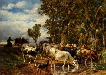 Charles Emile Jacque : Troupeau De Vaches A L Abreuvoir